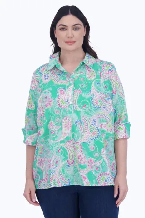 Therese Plus No Iron Green Paisley Popover Shirt