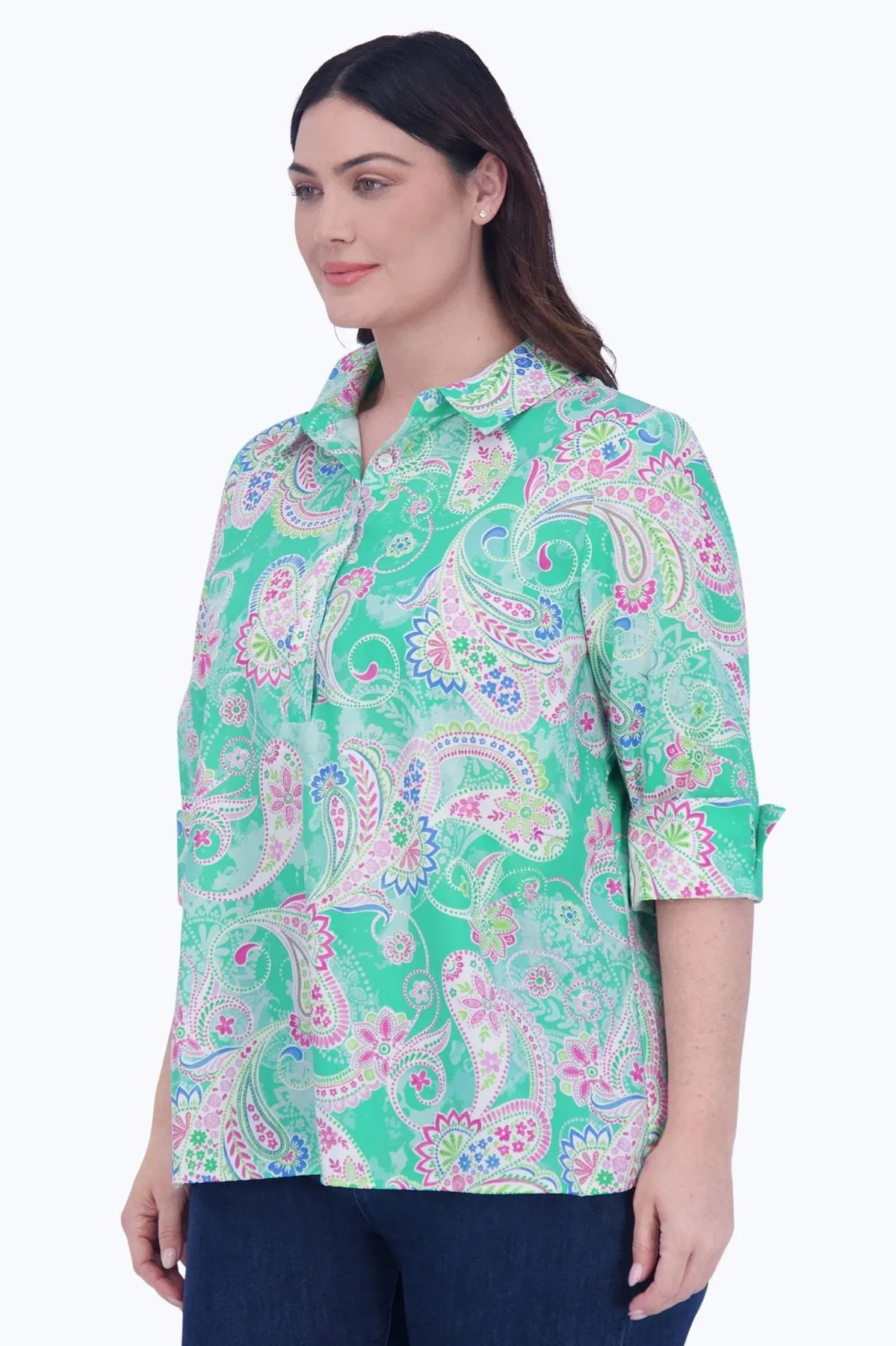 Therese Plus No Iron Green Paisley Popover Shirt