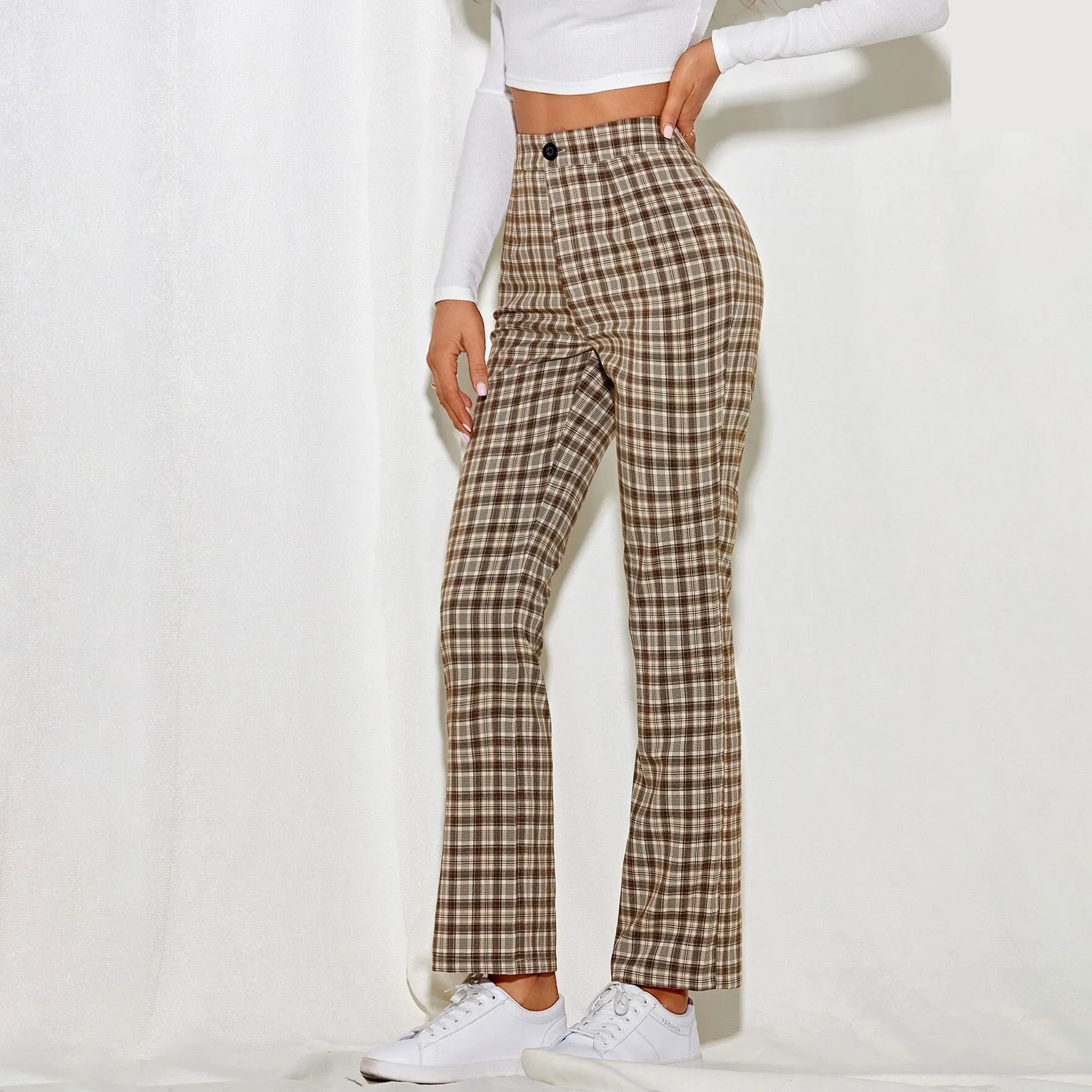 Toleet 2000s fashion 2024 Women's Spring and Summer Elegant Commuter Mid-Waist Plaid Fabric Flared Pants Artistic Trousers