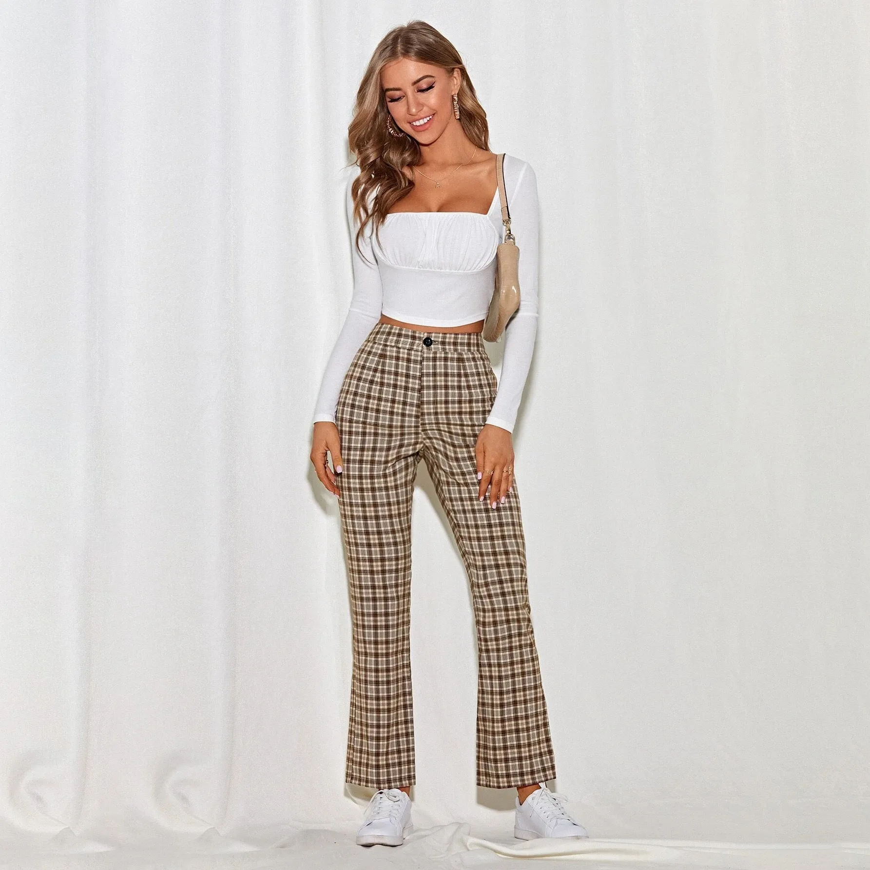 Toleet 2000s fashion 2024 Women's Spring and Summer Elegant Commuter Mid-Waist Plaid Fabric Flared Pants Artistic Trousers