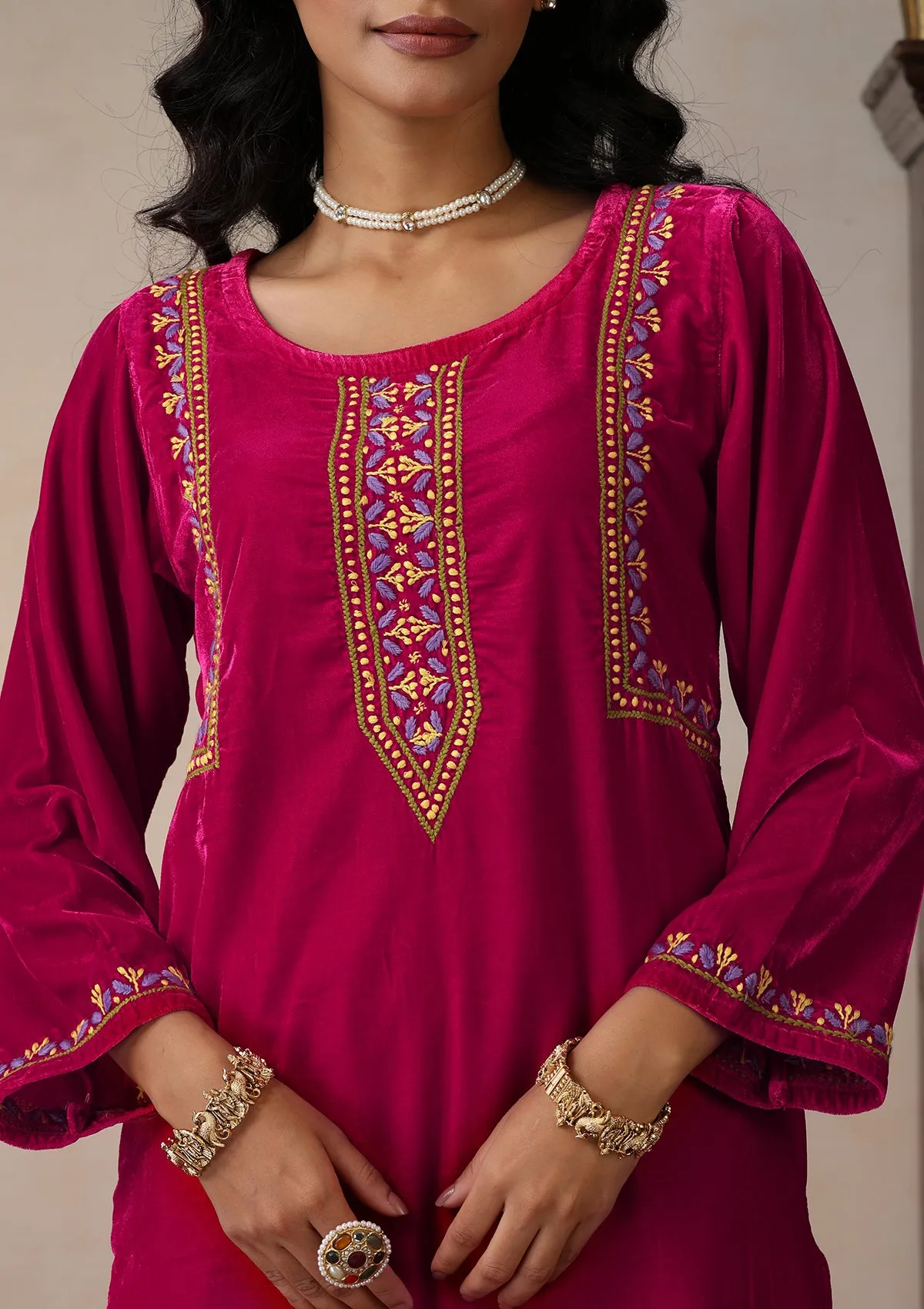 Velvet Chikankari Solid Women's 2 PC Long Kurta Set - Pink