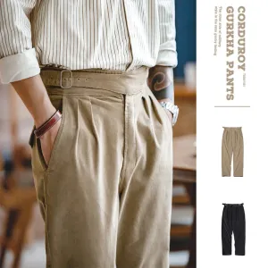 Vintage Corduroy Gurkha Pants for Men - Neapolitan Double Pleated Straight Leg - Casual Khaki Trousers