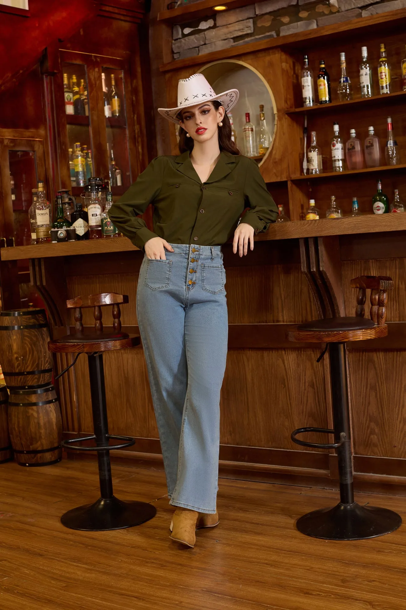 Vintage Straight Leg High Waisted Elastic Waist Multi-Pocket Flare Denim Pants