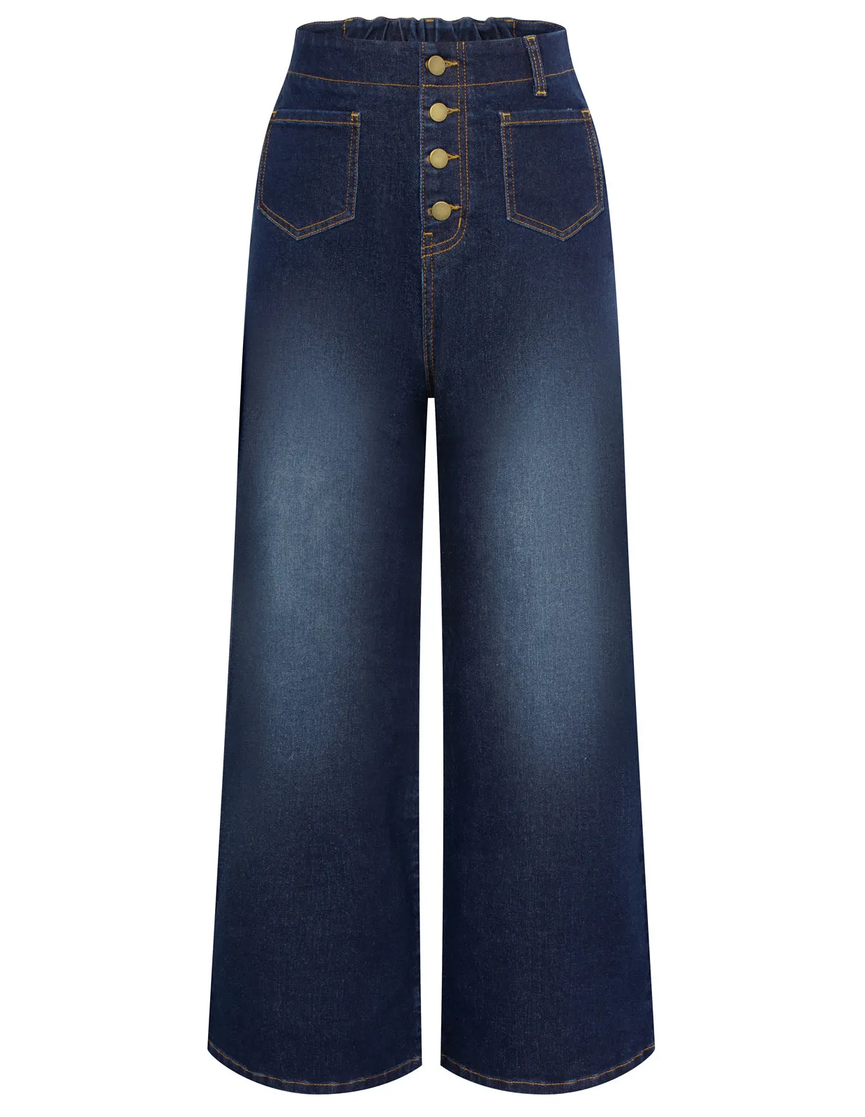 Vintage Straight Leg High Waisted Elastic Waist Multi-Pocket Flare Denim Pants