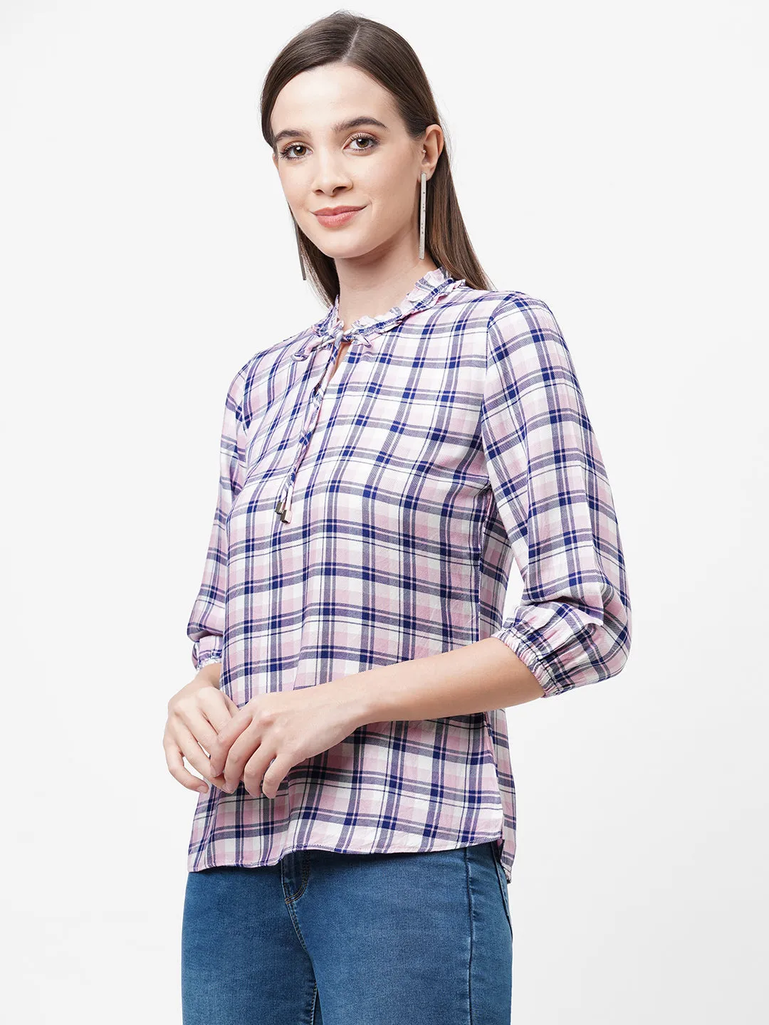 Women Checked Slim Fit With Neckline Tie-Up Top