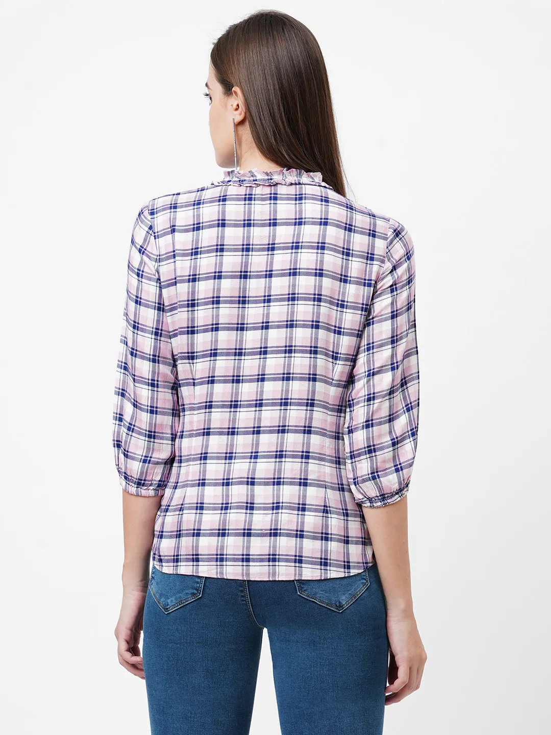 Women Checked Slim Fit With Neckline Tie-Up Top