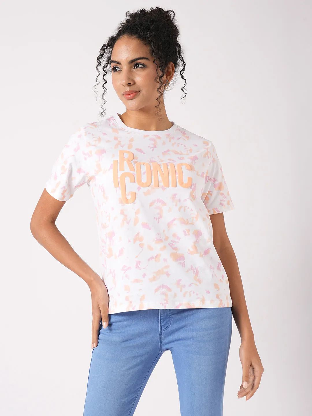 Women Orange/Peach Tie & Dye Printed Boxy T-Shirt