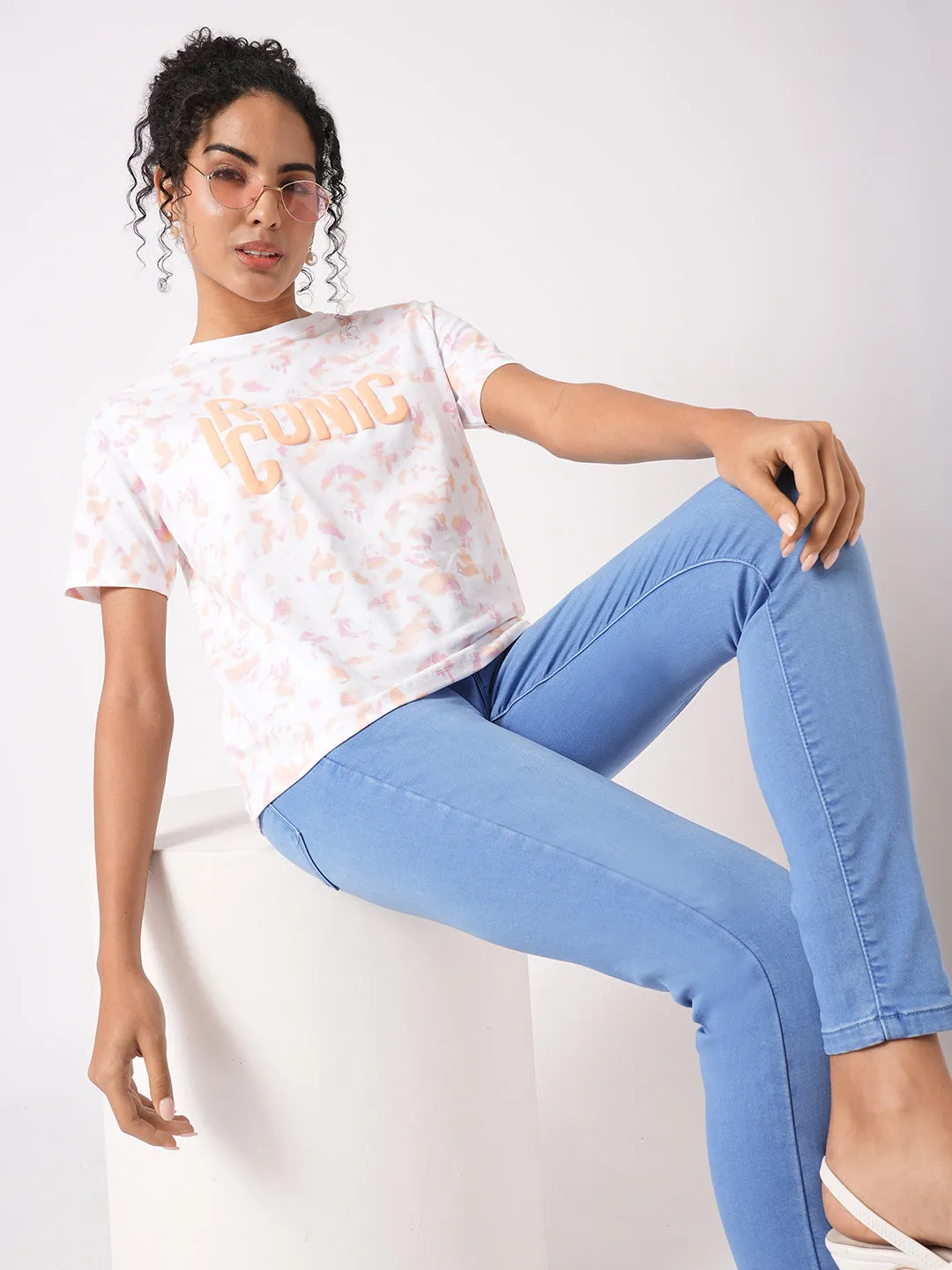 Women Orange/Peach Tie & Dye Printed Boxy T-Shirt