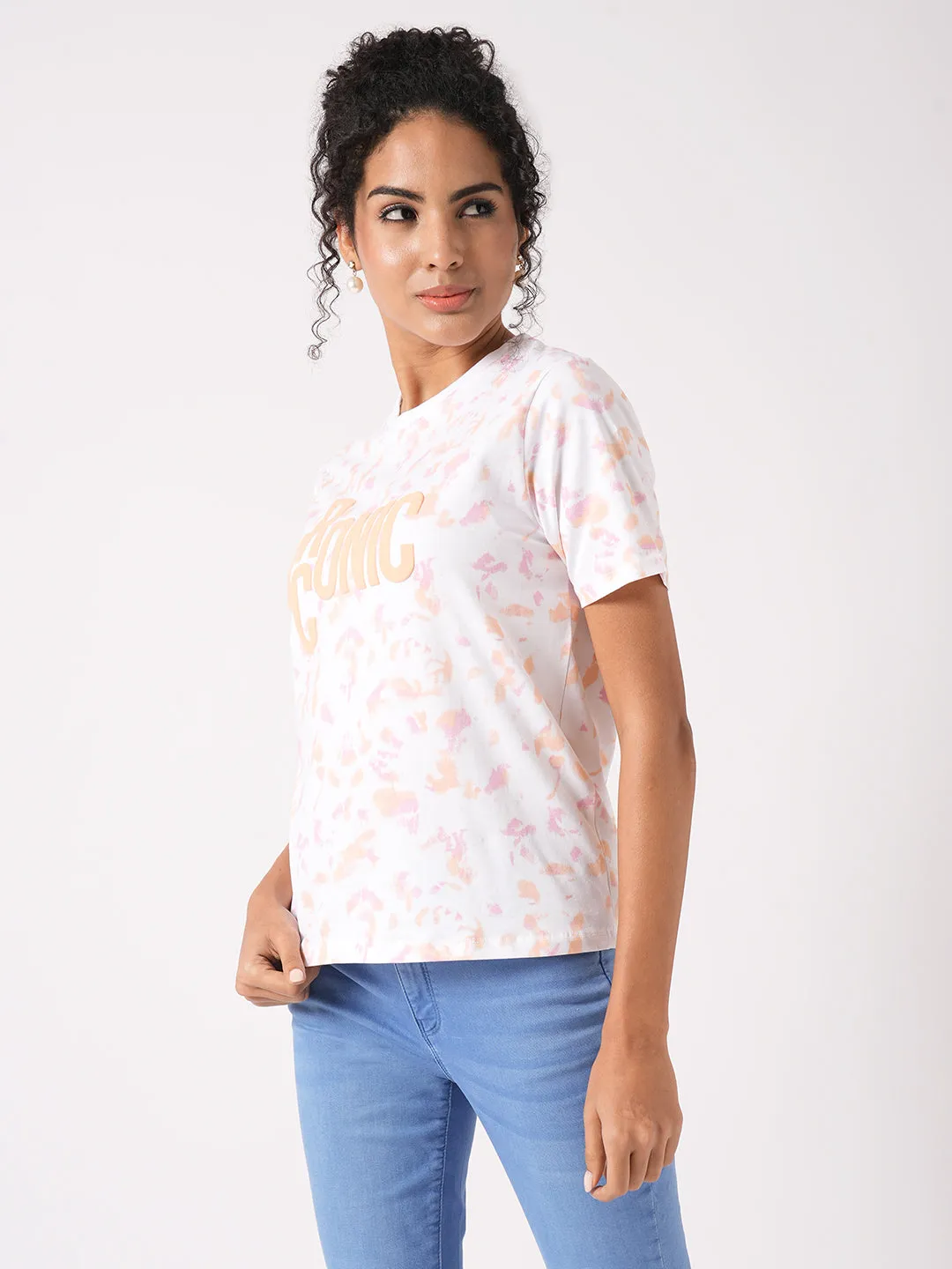 Women Orange/Peach Tie & Dye Printed Boxy T-Shirt