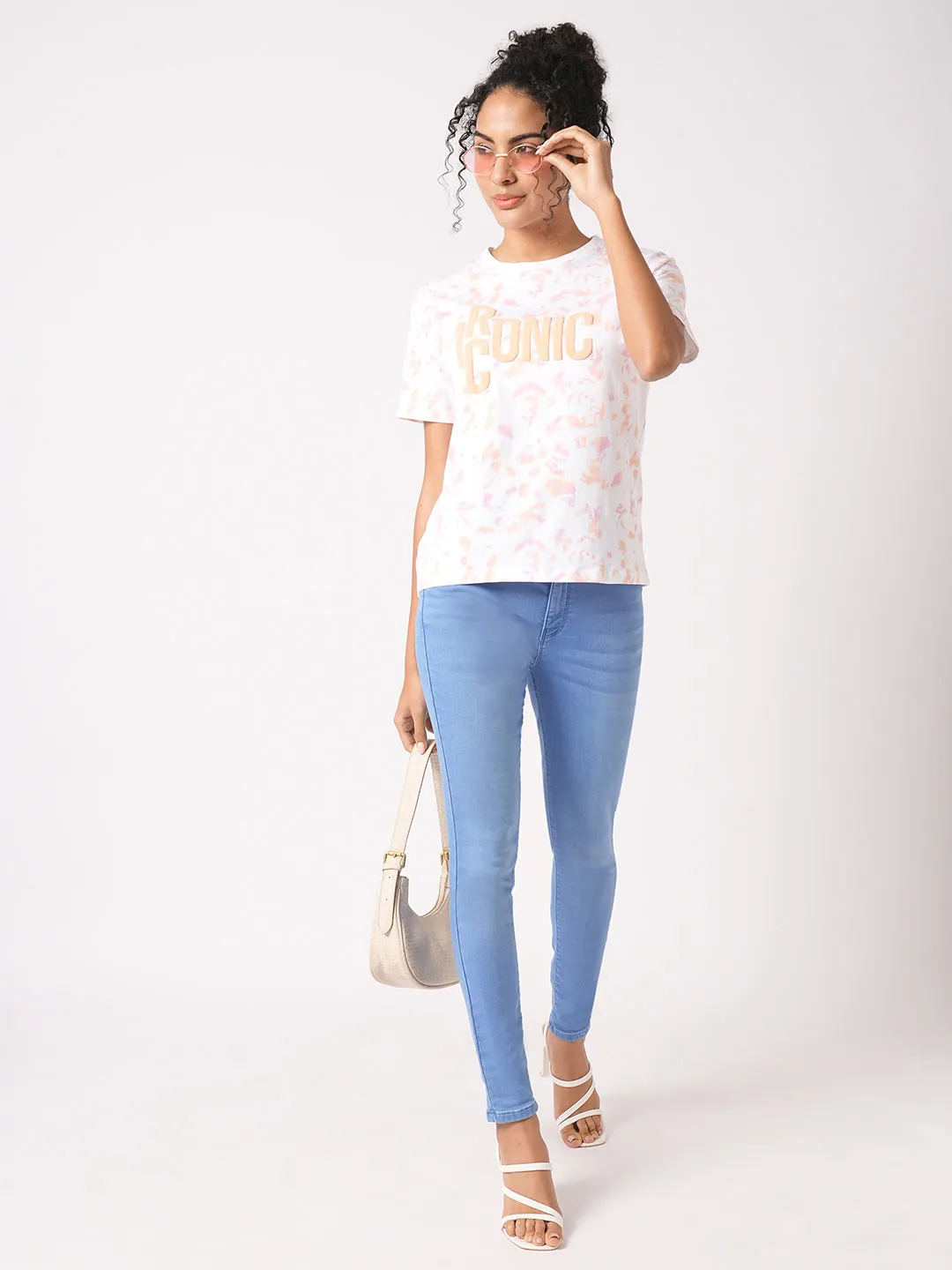 Women Orange/Peach Tie & Dye Printed Boxy T-Shirt