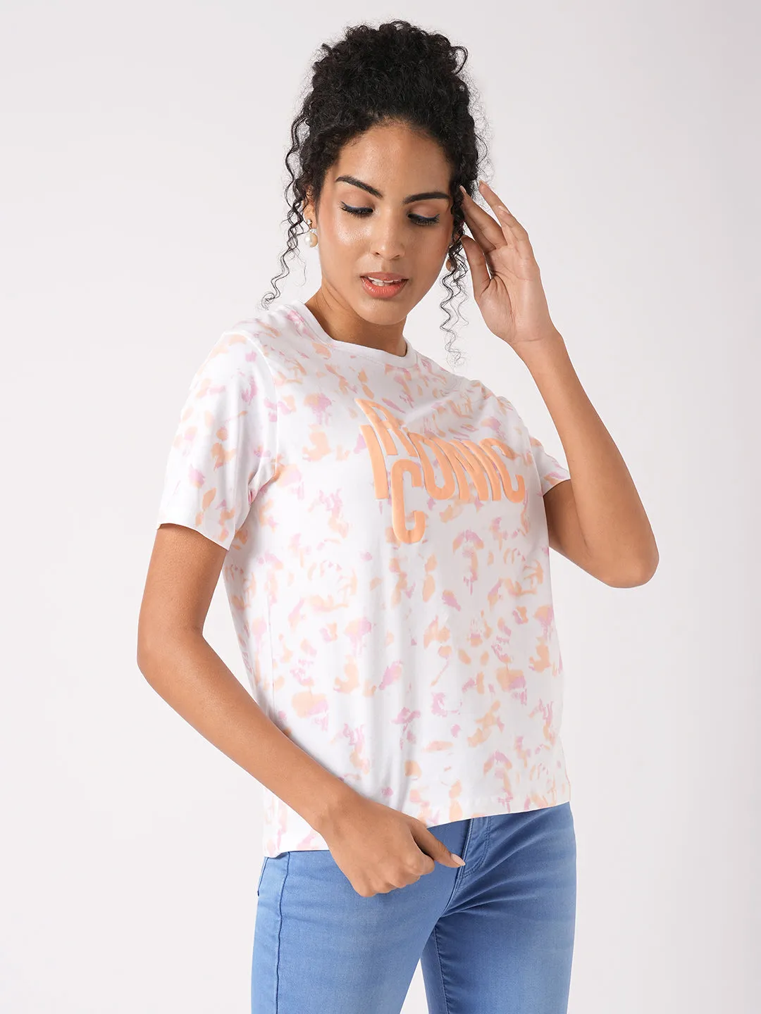 Women Orange/Peach Tie & Dye Printed Boxy T-Shirt