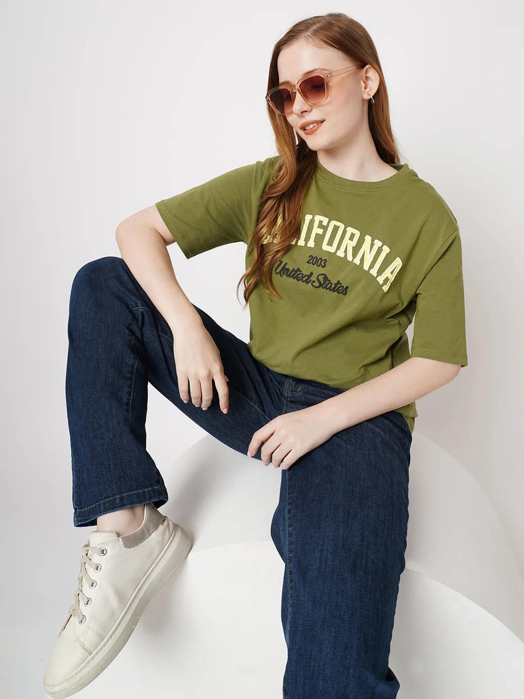 Women Printed Slim Fit OLIVE Tshirts