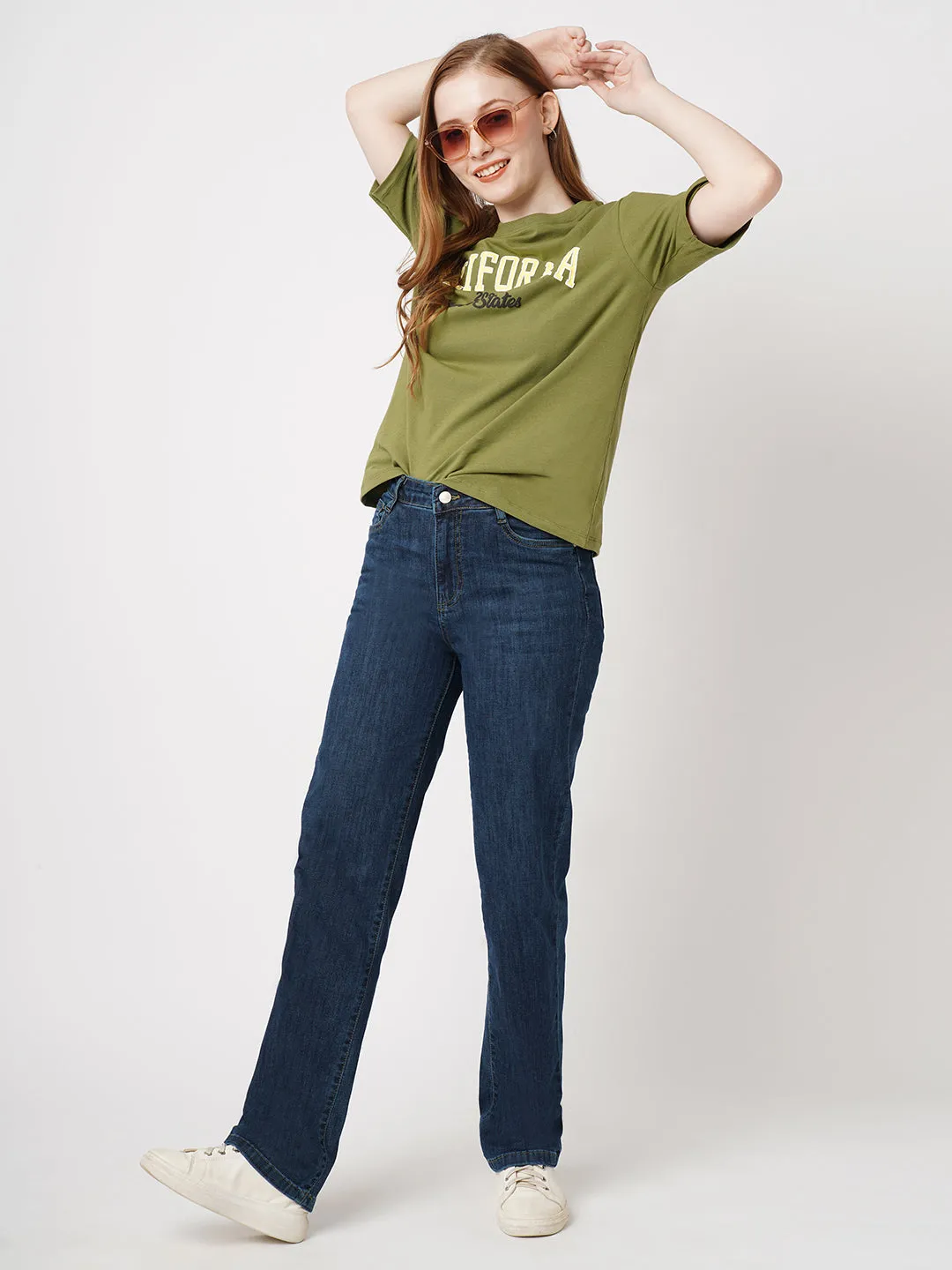 Women Printed Slim Fit OLIVE Tshirts