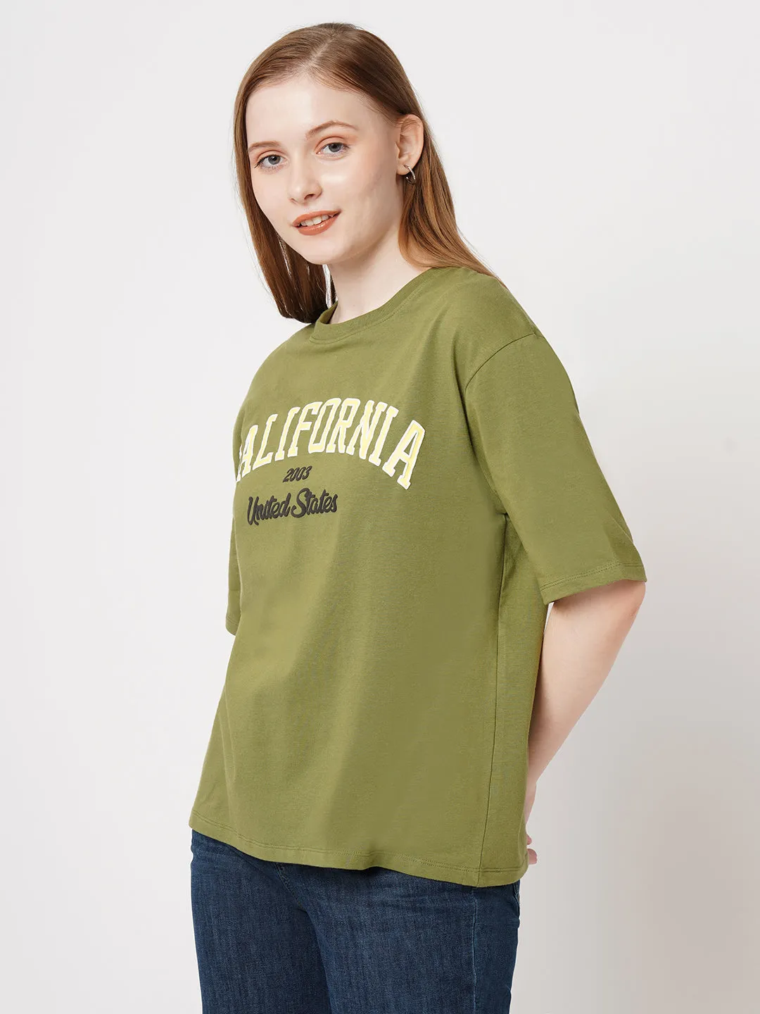 Women Printed Slim Fit OLIVE Tshirts