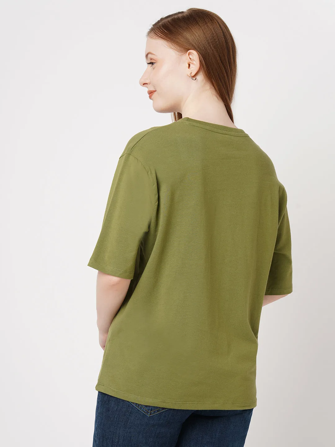 Women Printed Slim Fit OLIVE Tshirts