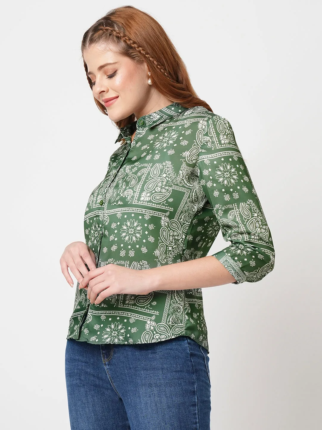 Women Slim Fit Bandana Print Jade Shirt