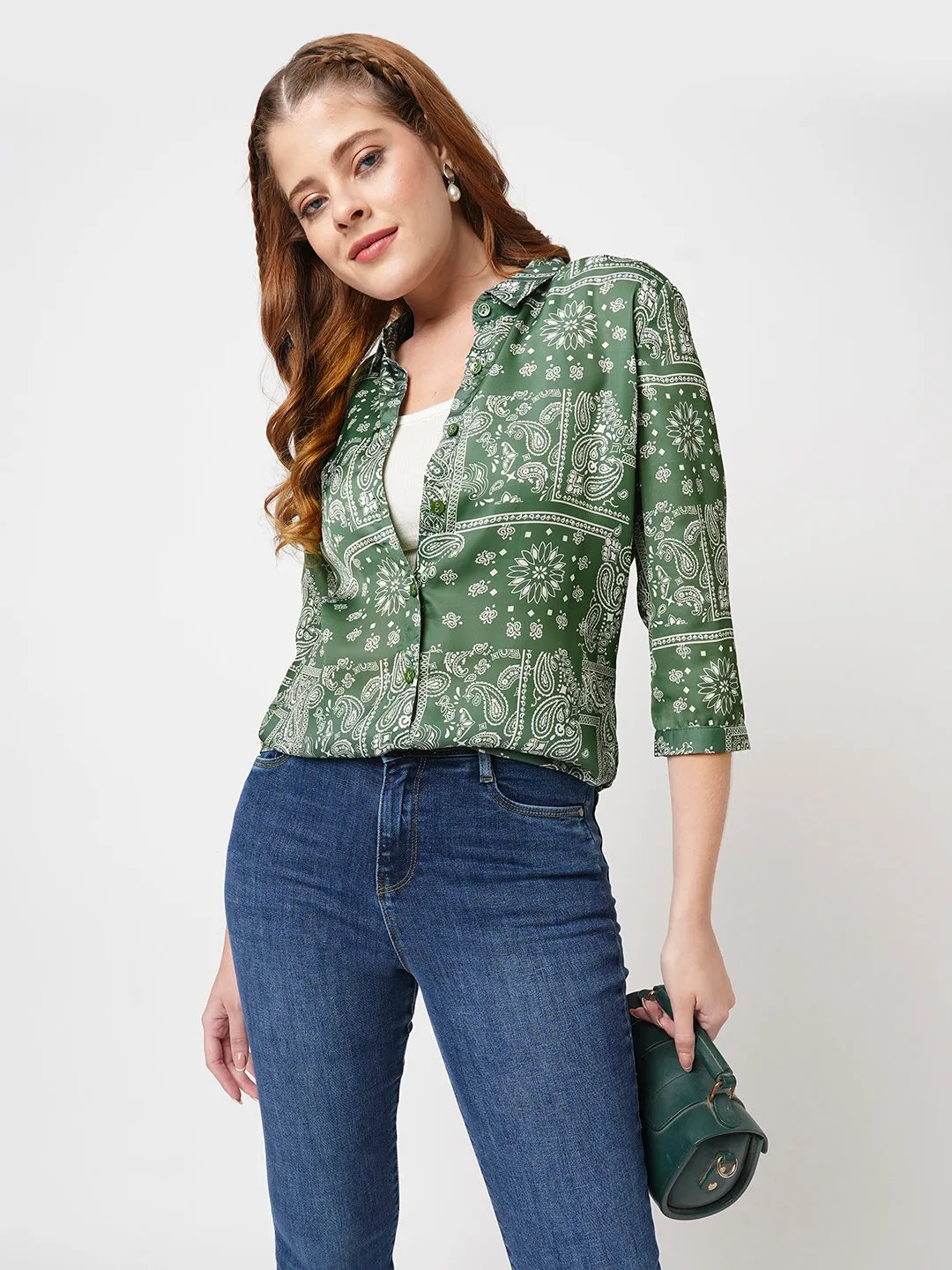 Women Slim Fit Bandana Print Jade Shirt