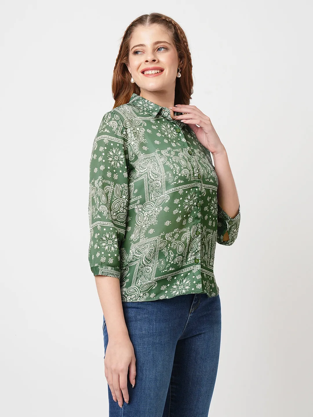 Women Slim Fit Bandana Print Jade Shirt