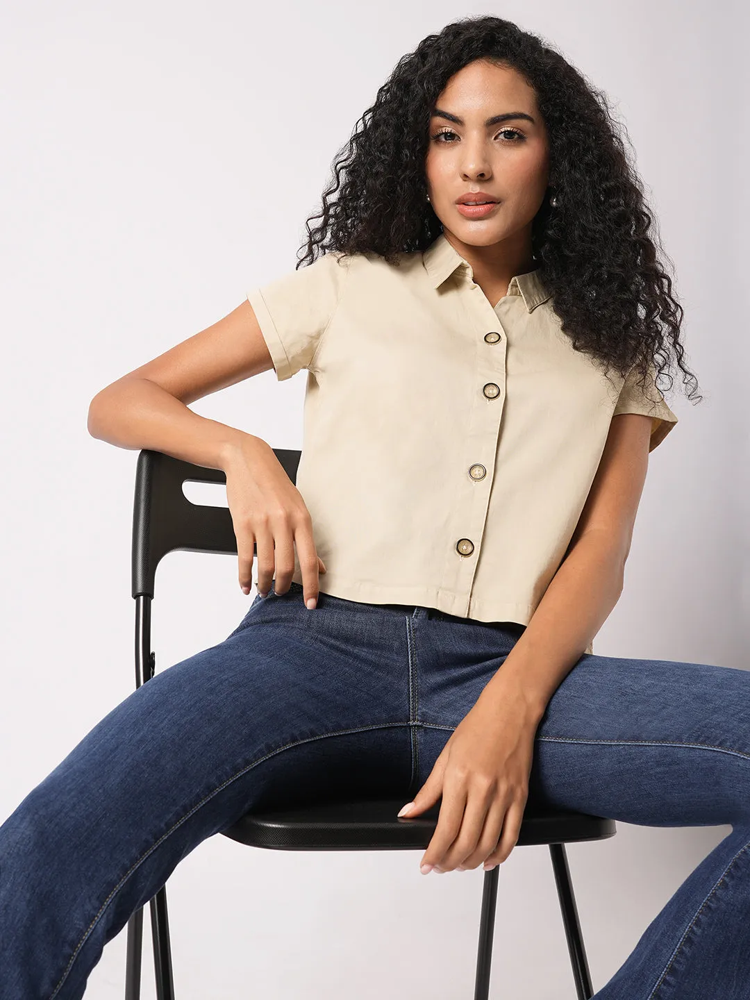 Women Slim Fit Beige Crop Shirt