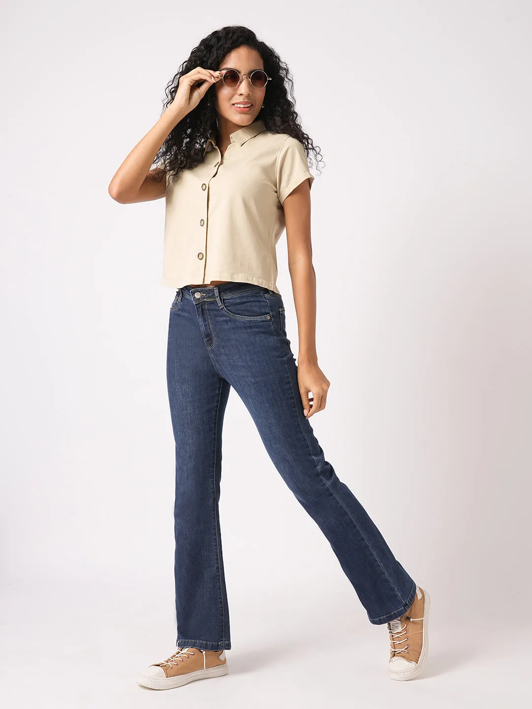 Women Slim Fit Beige Crop Shirt