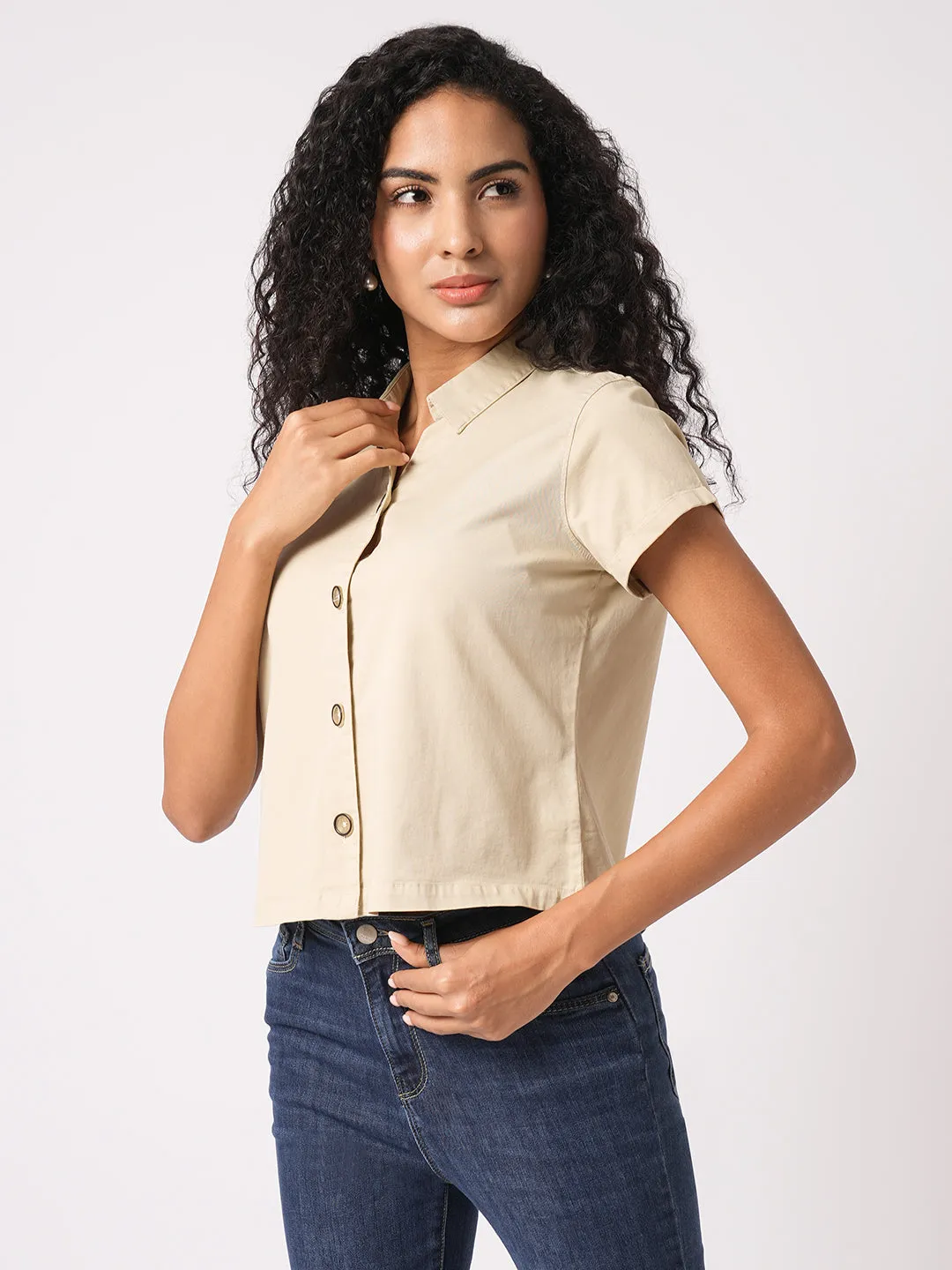 Women Slim Fit Beige Crop Shirt