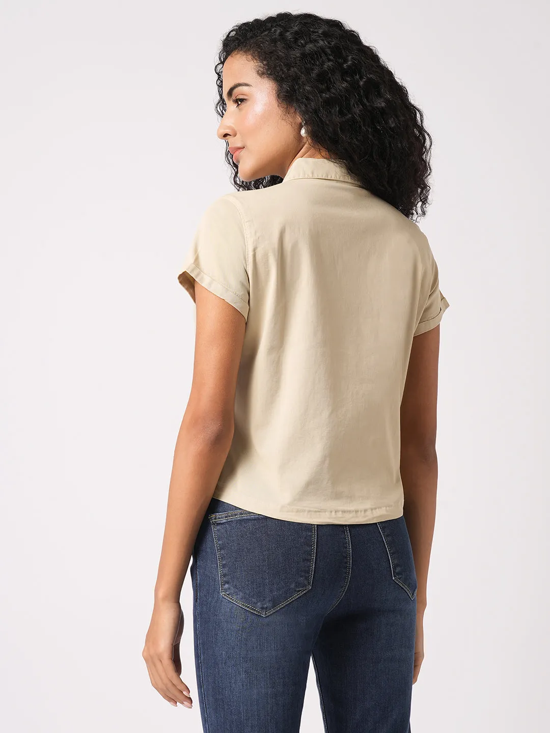 Women Slim Fit Beige Crop Shirt