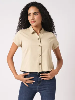 Women Slim Fit Beige Crop Shirt