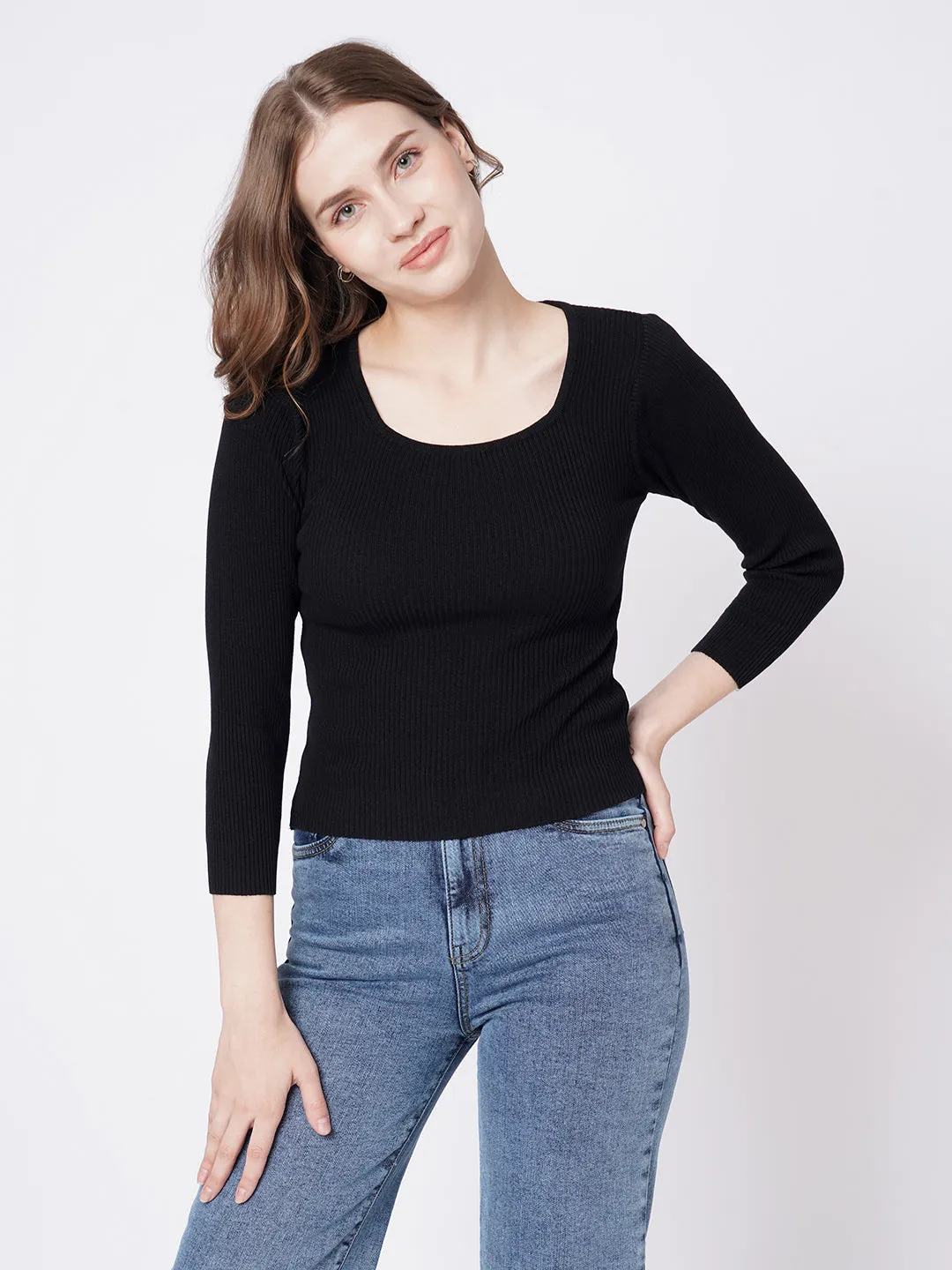 Women Slim Fit Black Crop T-Shirt