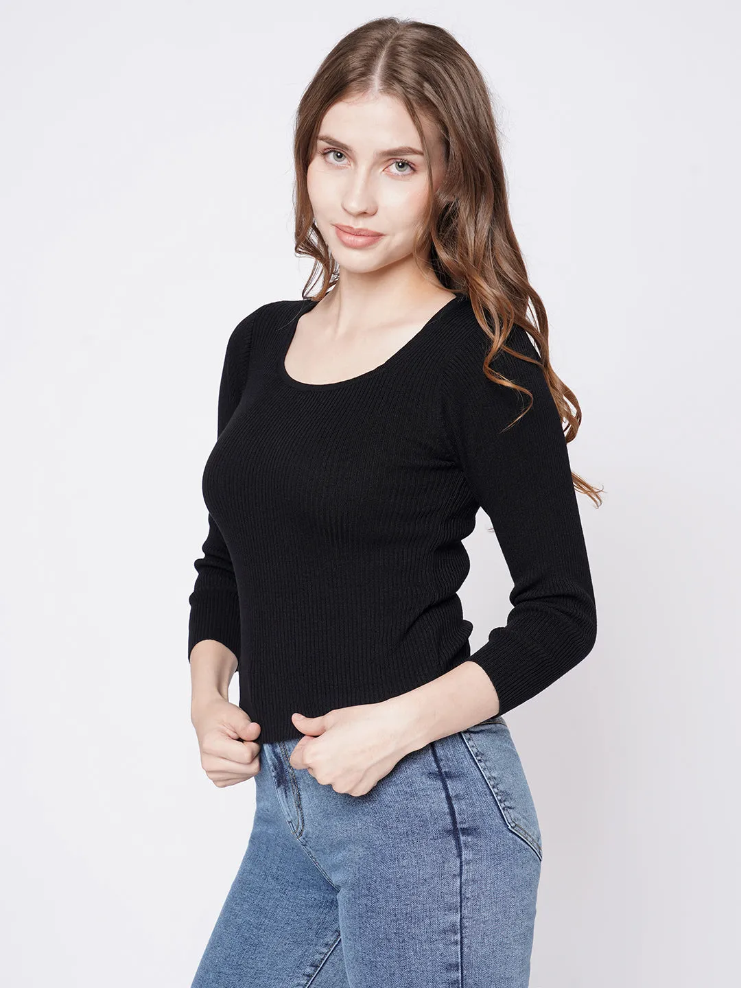 Women Slim Fit Black Crop T-Shirt