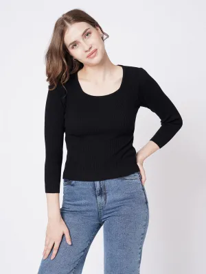 Women Slim Fit Black Crop T-Shirt